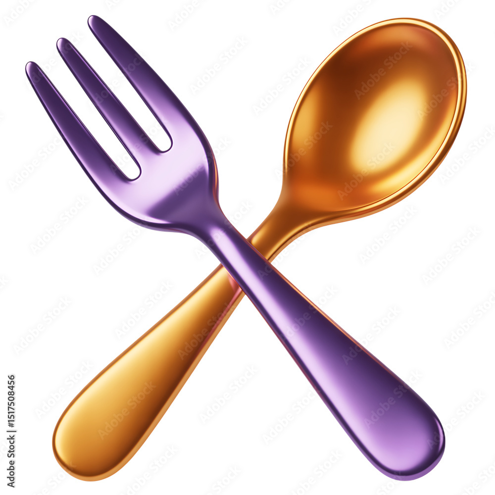 Fototapeta premium Metallic gold spoon and purple fork crossed isolated on transparent background