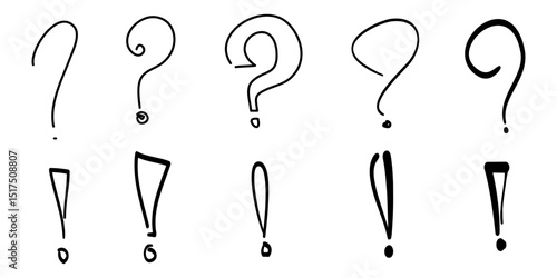 Set of hand drawn question marks and exclamation point. doodle questions marks. isolated on black and white. vector illustration