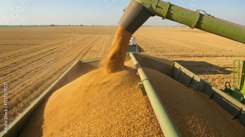 Combine harvester pouring grain into truck trailer in agricultural field. Autumn wheat harvest and farming equipment operation. Rural agriculture and crop production industry