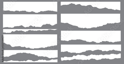 White realistic torn or ripped paper strip collection with grunge edges. Rips paper texture vector art background