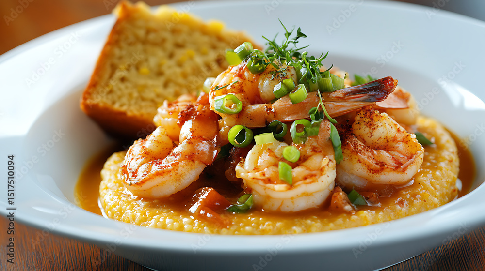 Shrimp and Grits with Cornbread Garnished with Green Onions and Herbs Shrimp and Grits with Cornbread Garnished with Green Onions and Herbs