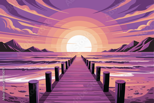Wooden pier stretching towards a vivid sunset over the ocean