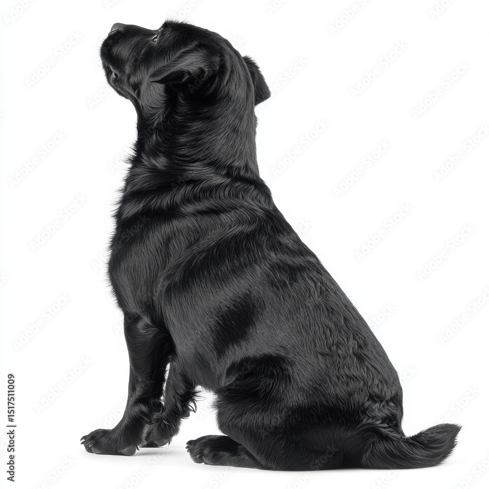Obraz premium Adorable black Labrador Retriever puppy sitting on a plain white background with a calm and attentive posture, showcasing glossy fur and a cute, well-behaved demeanor