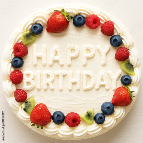フルーツと生クリームで飾られた誕生日ケーキ