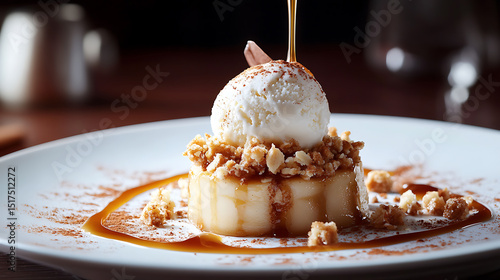 Fototapeta Naklejka Na Ścianę i Meble -  Caramel-Drizzled Banana Dessert with Ice Cream and Crumble Topping