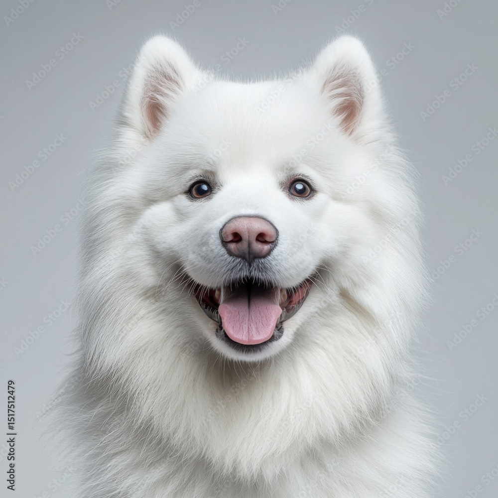 Happy fluffy white dog with bright eyes and a friendly expression looking directly at the camera on neutral gray background Happy fluffy white dog with bright eyes and a friendly expression looking directly at the camera on neutral gray background