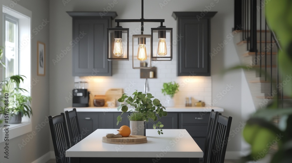 Fototapeta premium Modern kitchen area with pendant lighting and plants.