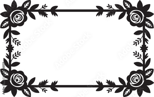 Vintage Rose Floral Frame in Black and White with Elegant Rectangular Border Design for Invitations and Crafts
