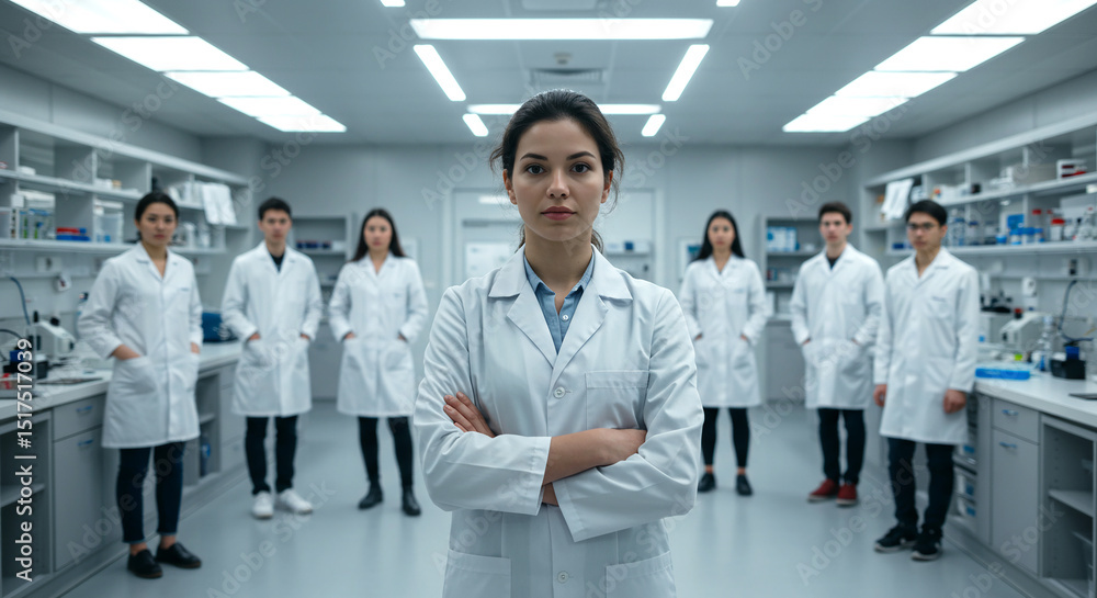 Fototapeta premium A confident young female scientist stands at the forefront of a professional research team in a modern laboratory.