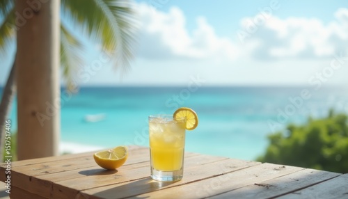 Refreshing glass of iced lemonade sits on a wooden table overlooking a tropical beach with turquoise waters and palm trees. Relaxation and vacation, ideal for travel ads or summer promotions.