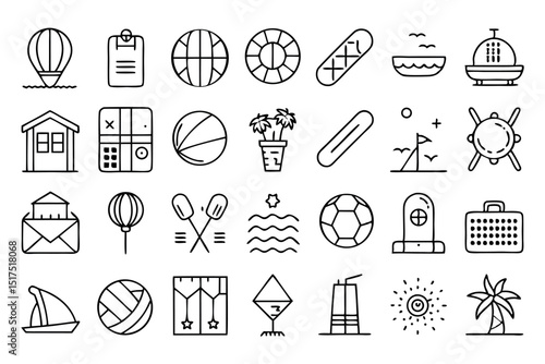 Summer and Beach Vacation Outline Icon Set – Vector Line Art Collection