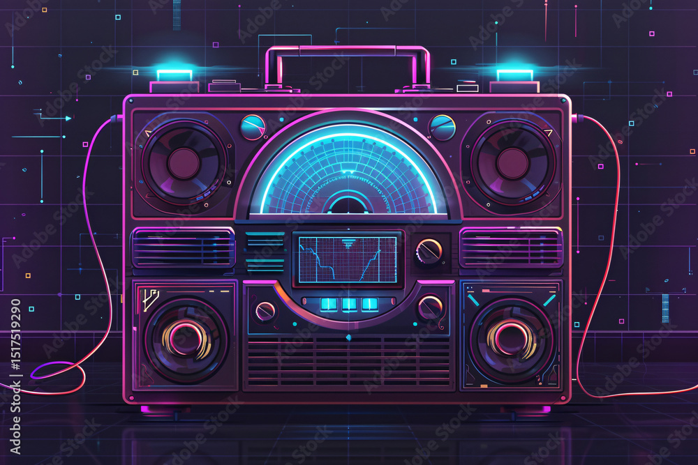 Fototapeta premium Futuristic neon retro boombox illustration with glowing blue display and vibrant electronic design elements 