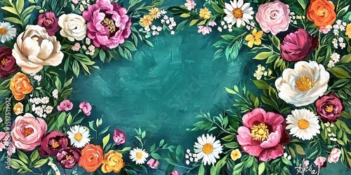 Floral masterpiece: vibrant peonies, daisies & roses on teal canvas.  a lush, colorful border of blossoms creates a stunning frame for your design projects or home decor.