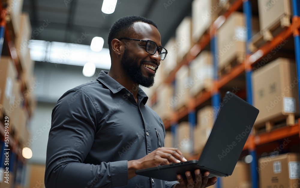 Fototapeta premium Foreman engineer african black skin talk look report businessman manager male notebook computer laptop tablet terminal warehouse technology shipper port logistic commercial container forklift custom