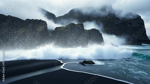 Wild Coastal Majesty: Captivating image of dramatic waves crashing against rugged, dark cliffs under a cloudy sky, symbolizing the raw power and natural beauty of the coastal environment.
