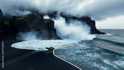 Ocean Fury: A dramatic display of nature's raw power unfolds as a turbulent ocean crashes against rugged cliffs, shrouded in mist and dark clouds.