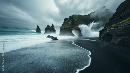 Coastal Majesty: A moody coastal scene captures the untamed power of the ocean meeting the rugged beauty of rock formations. Featuring the spray of waves and dark beach that reflects the sky.
