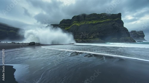 The Rugged Coastline:  A powerful wave crashes against a rocky coastline, the dark cliffs and turbulent sea creating a dramatic, awe-inspiring scene of natural beauty.