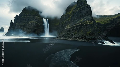  Majestic Waterfall Vista: A scenic view of a majestic waterfall cascading between rugged cliffs into the ocean, creating a dramatic landscape of raw power.