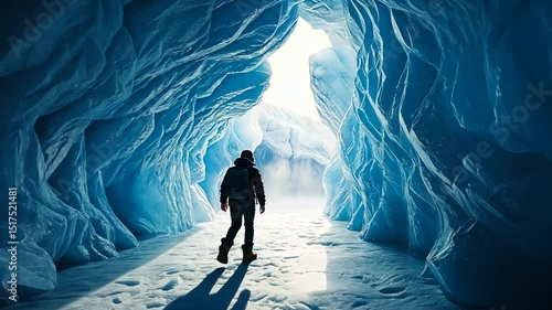 A solitary silhouette of a man walks through a misty mountain landscape, with the vast sky and sun setting over the distant ocean