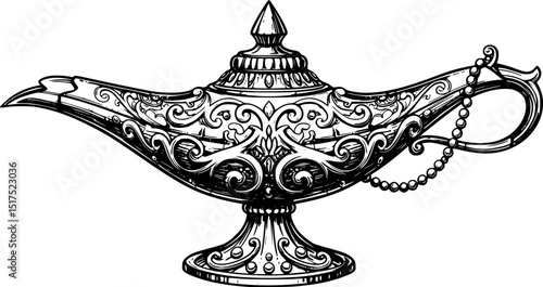 black and white illustration of a magic lamp, intricate design, detailed lighting, dramatic shadows, fantasy art
