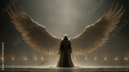 Majestic Angelic Figure with Golden Wings Standing Guard in a Lit Hallway