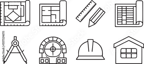 Architecture Icons Editable Construction Line Art Vector Set