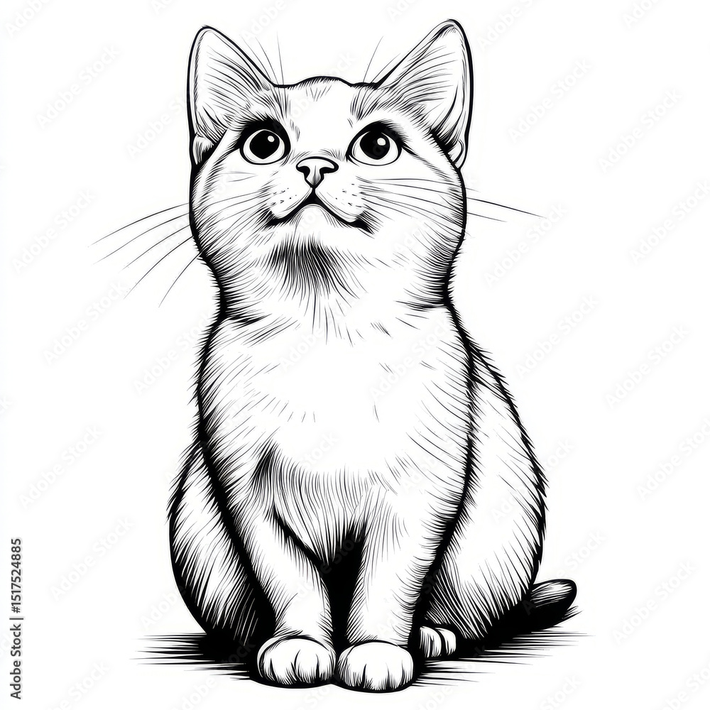 Black and white sketch of a cute kitten sitting with curious eyes. Black and white sketch of a cute kitten sitting with curious eyes.