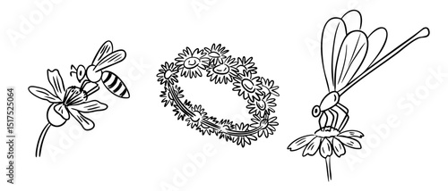 Bee and dragonfly sitting on daisy flowers with a floral crown in black and white. Concept of summer nature, pollination and floral beauty in hand drawn outline illustration