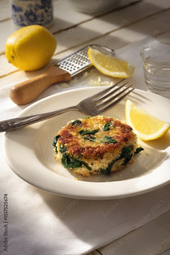A savory, pan-fried patty rests on a plate, garnished with lemon wedges. Sunlight streams across the scene, highlighting the textures of the food and setting A savory, pan-fried patty rests on a plate, garnished with lemon wedges. Sunlight streams across the scene, highlighting the textures of the food and setting