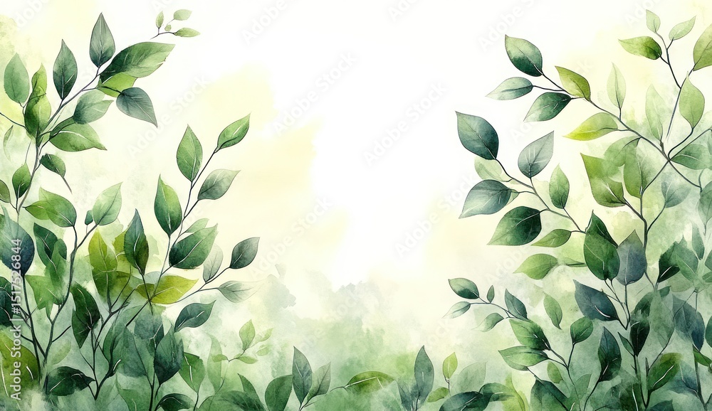 Delicate, watercolor-style illustration of foliage in soft greens. Delicate, watercolor-style illustration of foliage in soft greens.