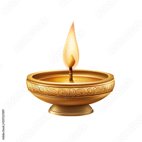Golden oil lamp with a lit wick ornate design festive light
