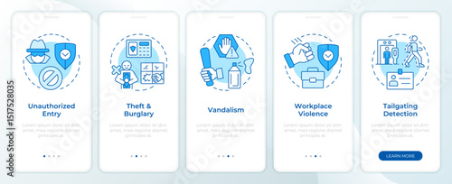 Physical security threats and risks blue onboarding mobile app screen. Walkthrough 5 steps editable graphic instructions with linear concepts. UI, UX, GUI. Montserrat SemiBold, Regular fonts used