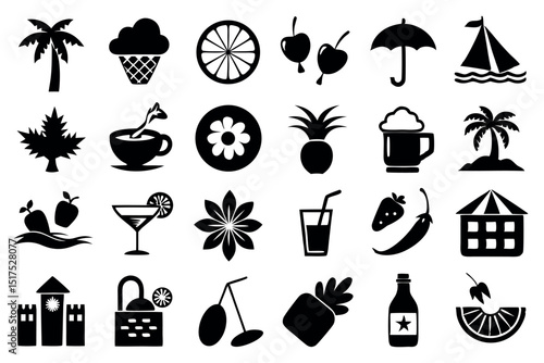 Summer Vacation Black Silhouette Icons Set