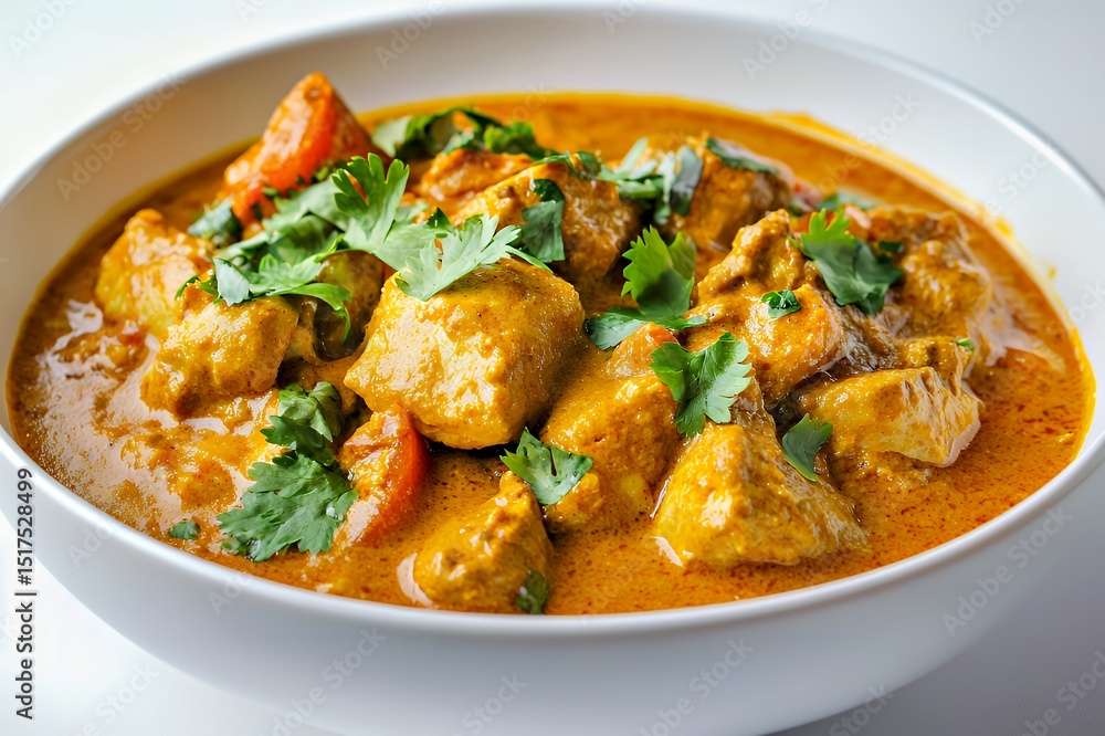 A delicious chicken curry topped with fresh cilantro in a white bowl. A delicious chicken curry topped with fresh cilantro in a white bowl.