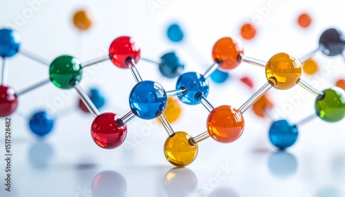 Colorful molecular model structure representing atoms and chemical bonds on white background, science and education concept
