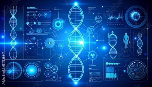 Futuristic digital interface with glowing DNA helix and biotechnology data elements, genetic science and medical technology concept