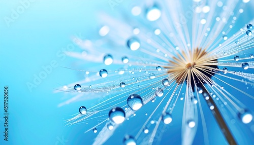 Close-up of dandelion seed head with water droplets on blue background, macro nature photography with dew drops