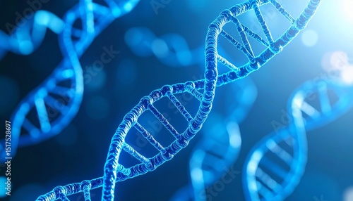 3D illustration of DNA double helix strands in blue light, genetic science and biotechnology concept background