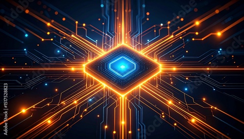 Futuristic glowing microchip with digital circuit lines in blue and orange, abstract technology and data concept