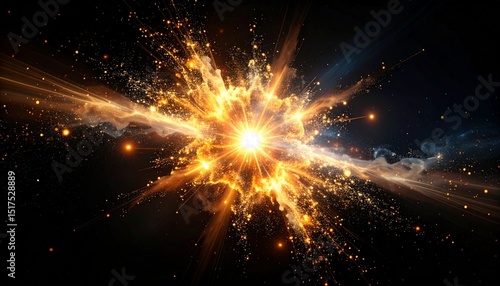 Explosive burst of golden energy with glowing particles and smoke on dark space background, abstract cosmic explosion