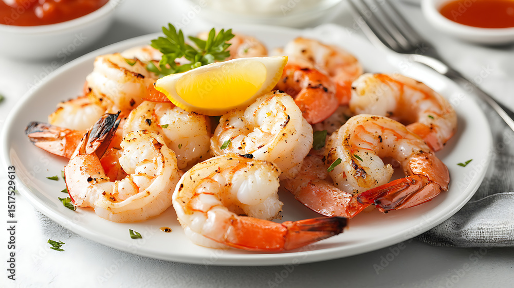 Grilled Shrimp with Lemon Wedge and Garnish on a White Plate Grilled Shrimp with Lemon Wedge and Garnish on a White Plate