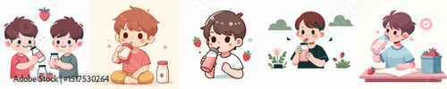 vector of a litte boy drinking strawberry milk