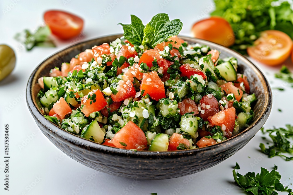 Fresh and vibrant tabbouleh salad with tomatoes and cucumbers. Fresh and vibrant tabbouleh salad with tomatoes and cucumbers.