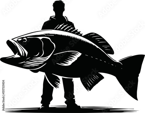 fisherman hold big fish silhouette illustration on white background
