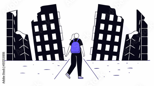 Vector girl with backpack walks through desolate urban landscape, surrounded by damaged buildings