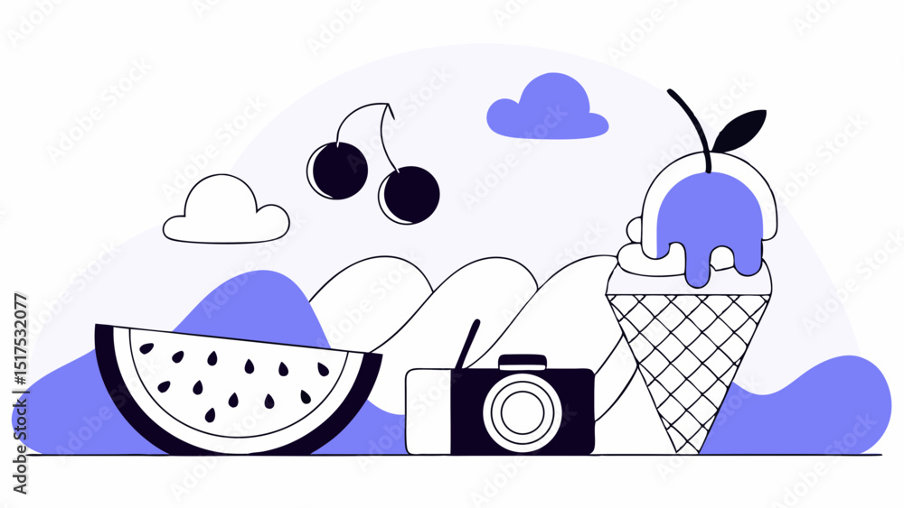 Fototapeta premium Vector vibrant and colorful scene of ice cream, fruit, and camera evokes joy and summer fun