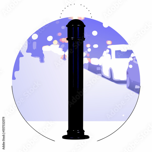 Vector tall black metal bollard light stands on street, illuminating surroundings with soft glow
