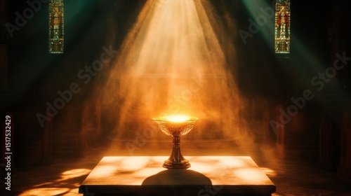 Golden Chalice on a Stone Table Bathed in Church Sunlight and Stained Glass Light