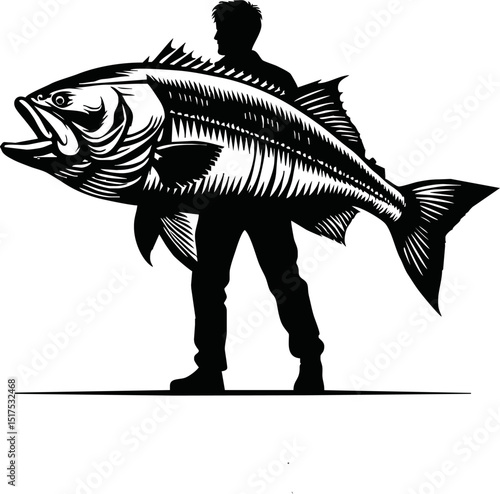 fisherman hold big fish silhouette illustration on white background
